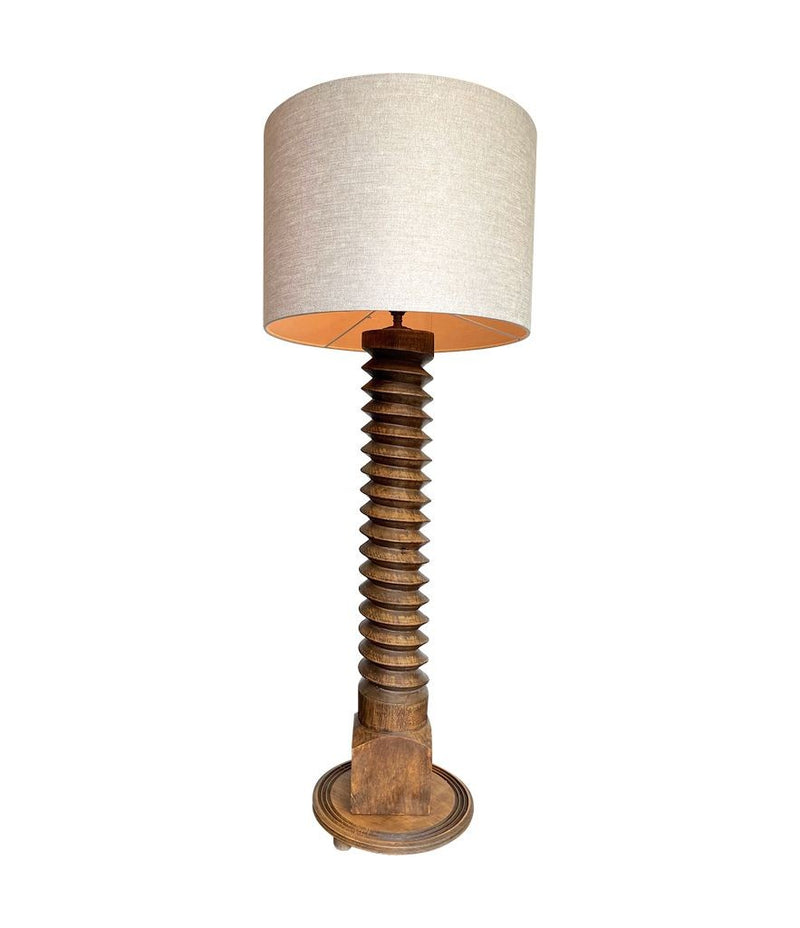 A French 1940s oak wine press corkscrew floor lamp in the style of Charles Dudouyt