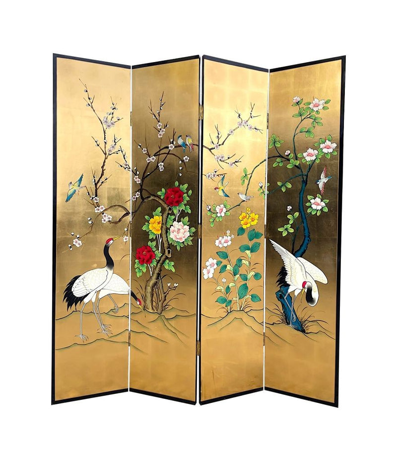 Mid Century Oriental Gold Leaf hand painted screen decorated with cranes, flowers and birds - Mid Century Furniture - Ed Butcher Antiques Shop London