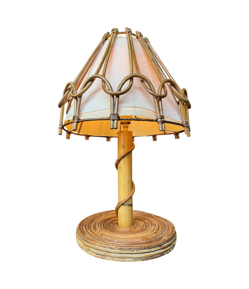 A 1960s bamboo lamp by Louis Sognot with orignal bamboo and linen shade