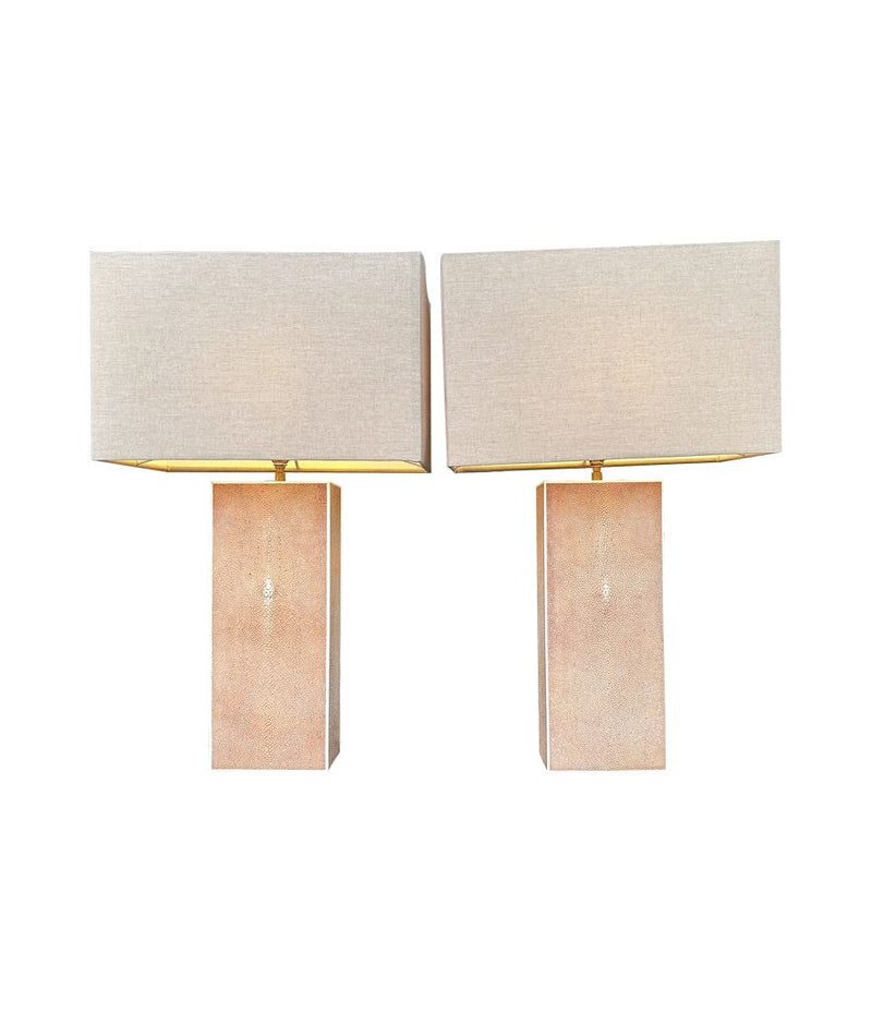 A pair of 1960s pastel pink shagreen lamps with natural linen shades