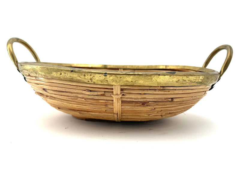 An Italian 1970s Gabriella Crespi style woven bamboo and brass two handled basket