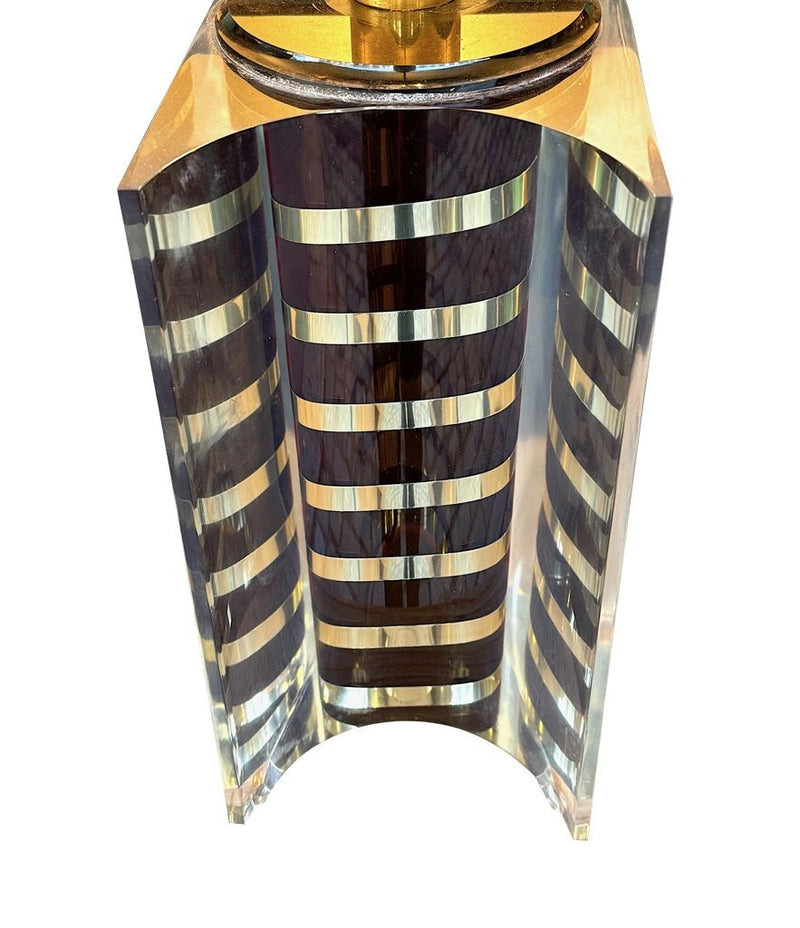 A large Italian 1970s Romeo Rega lucite and brass lamp with chocolate and brass stripes