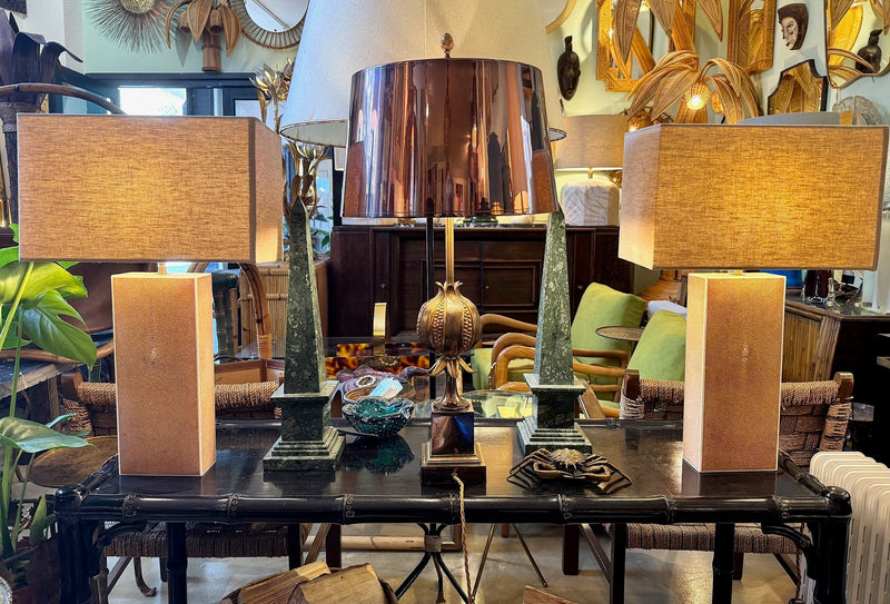 A pair of 1960s pastel pink shagreen lamps with natural linen shades