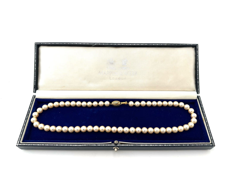 A lovely late 1980s Mappin and Webb Akoya pearl necklace with 18carat gold clasp in orignal box