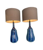 A stunning large pair of 1980s Italian blue and green ceramic lamps with bespoke linen shades