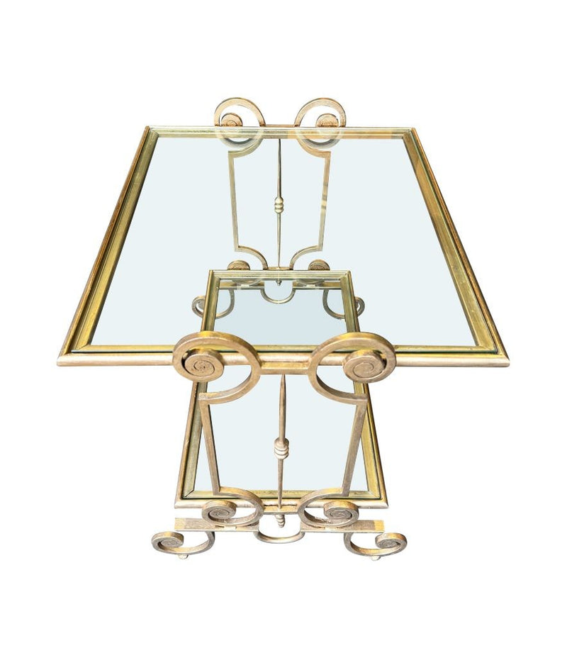 A pair of 1950s gilt wrought iron French side tables, with glass shelves