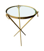 A lovely 1950s Fontana Arte style solid brass tripod martini table with thick glass top