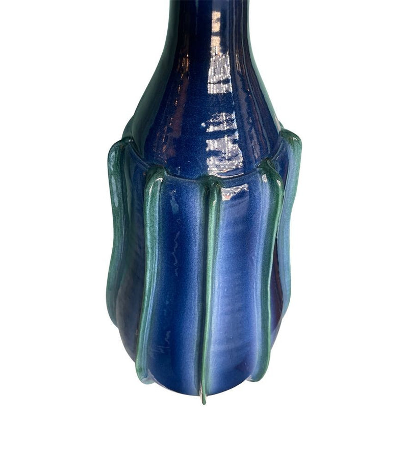 A stunning large pair of 1980s Italian blue and green ceramic lamps with bespoke linen shades