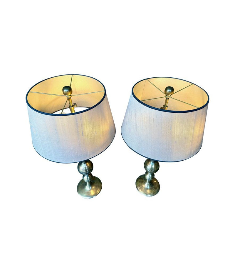 A pair of large Italian 1970s solid brass lamps with orignal satin shades