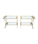 A pair of 1950s gilt wrought iron French side tables, with glass shelves