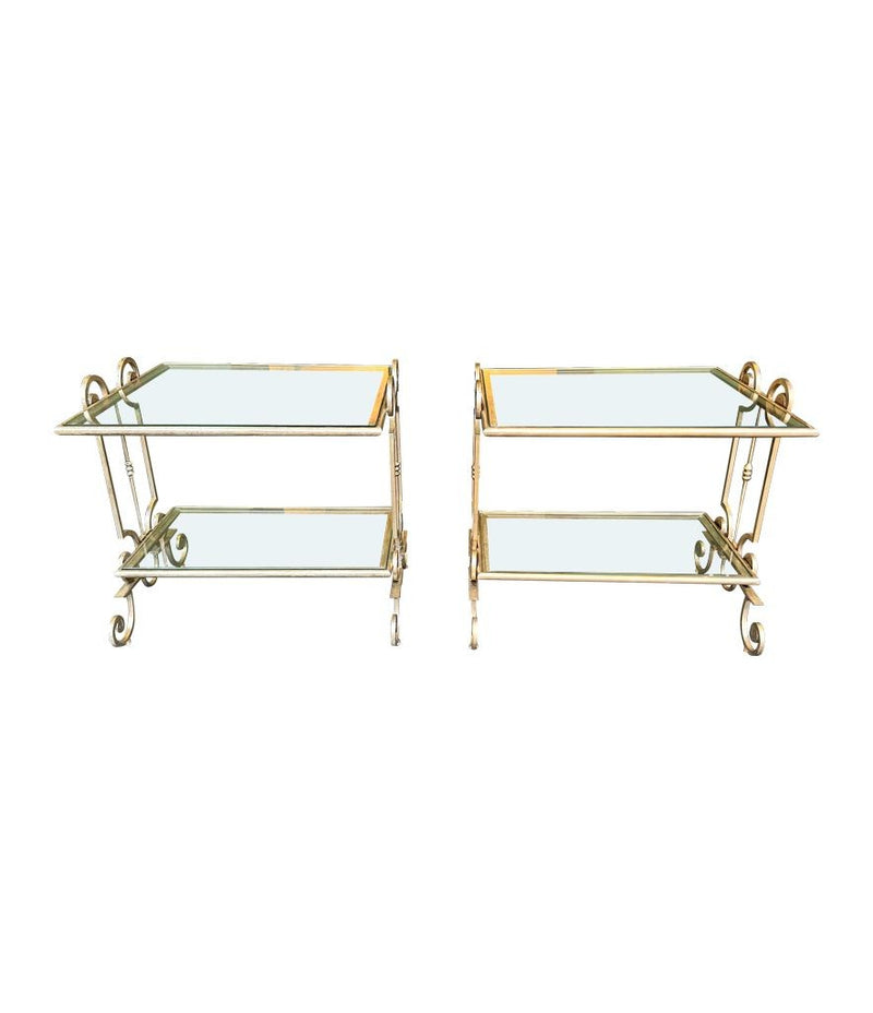 A pair of 1950s gilt wrought iron French side tables, with glass shelves