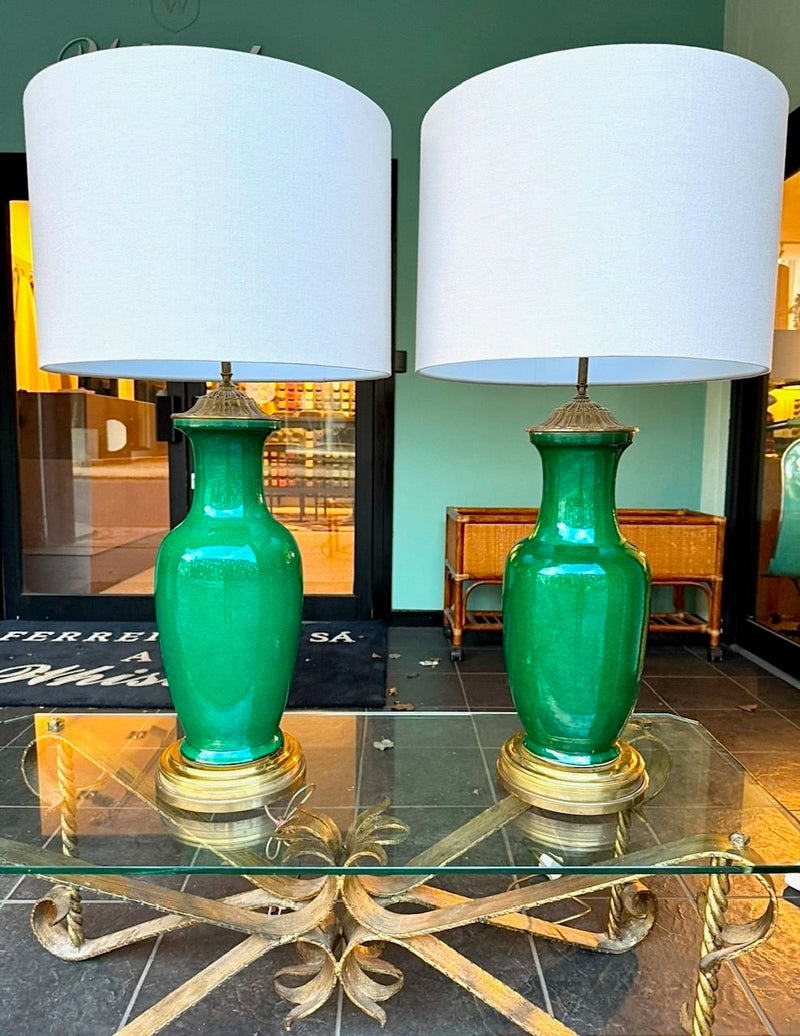 A lovely large pair of 1950s Italian crackle glaze green vase lamps with solid brass bases