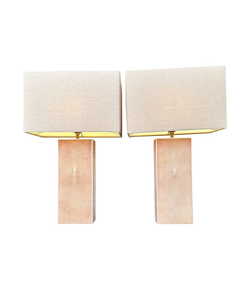 A pair of 1960s pastel pink shagreen lamps with natural linen shades