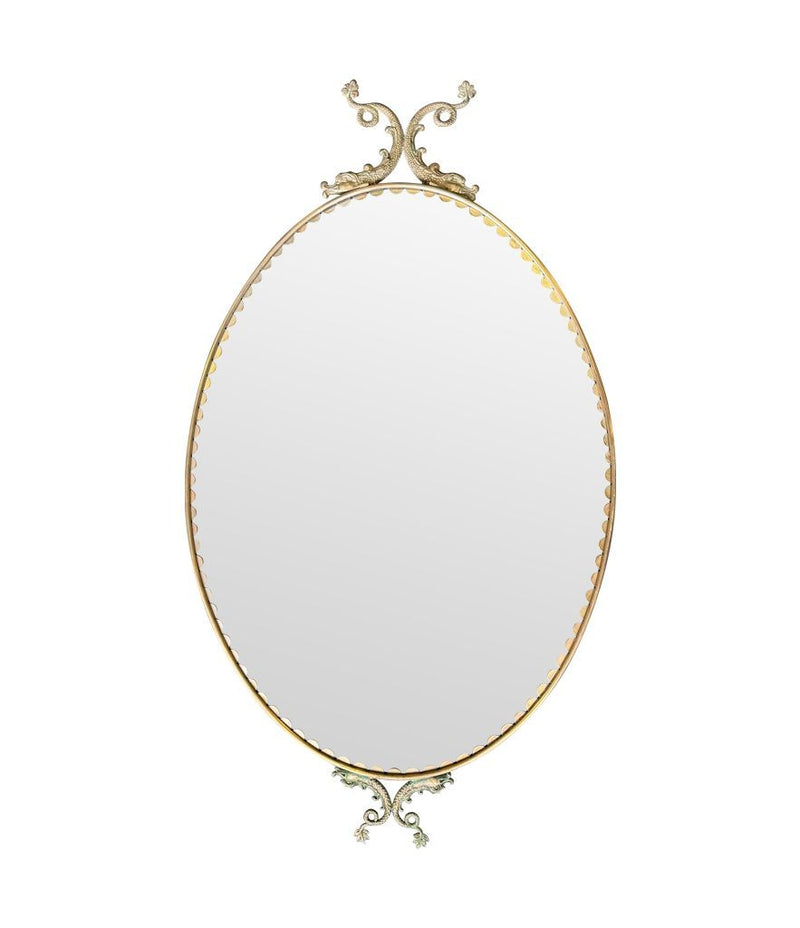 Mid century mirrors Italian oval with brass frame and dolphin detailing.