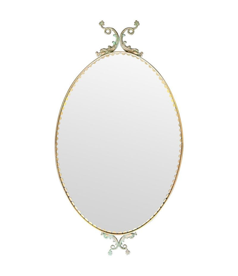 Mid century mirrors Italian oval with brass frame and dolphin detailing.