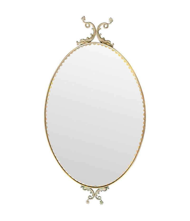 Mid century mirrors Italian oval with brass frame and dolphin detailing.