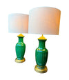 Mid century table lamps 1950s Italian crackle glaze green vase lamps with solid brass bases