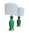 Mid century table lamps 1950s Italian crackle glaze green vase lamps with solid brass bases