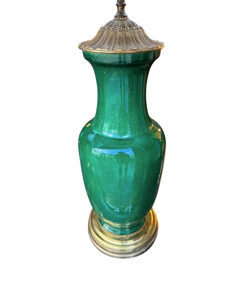 Mid century table lamps 1950s Italian crackle glaze green vase lamps with solid brass bases