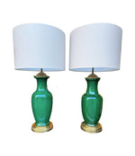 Mid century table lamps 1950s Italian crackle glaze green vase lamps with solid brass bases