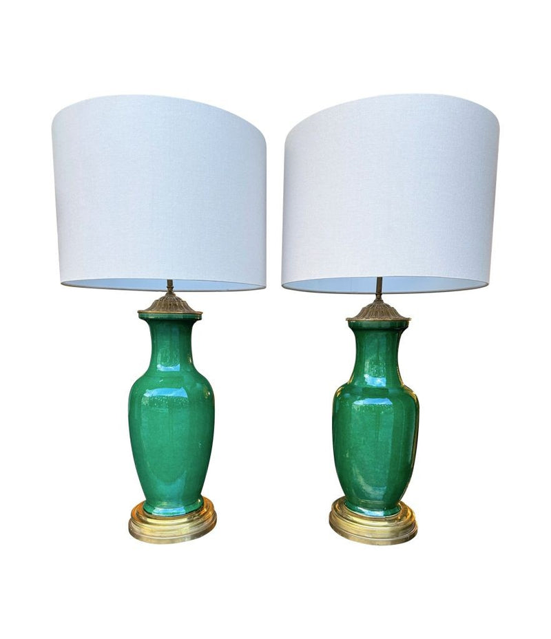 Mid century table lamps 1950s Italian crackle glaze green vase lamps with solid brass bases