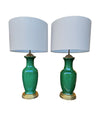 Mid century table lamps 1950s Italian crackle glaze green vase lamps with solid brass bases