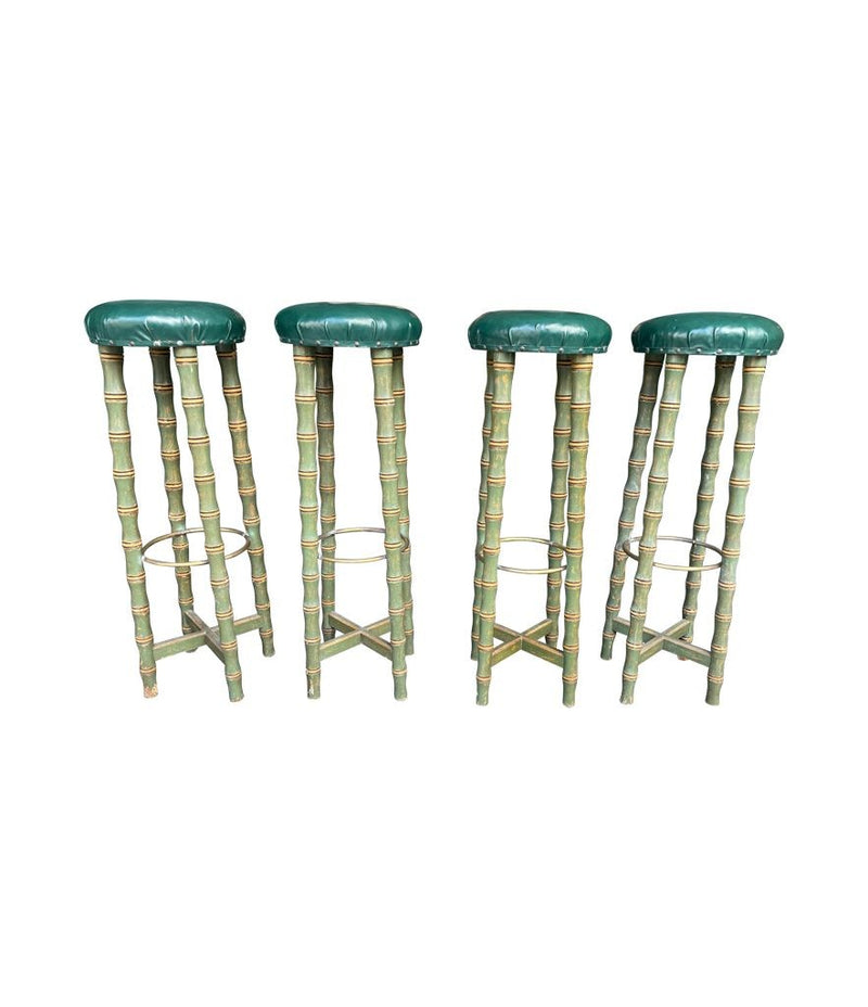 Four mid century faux bamboo bar stools with green seat pads - Spanish