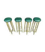 Four mid century faux bamboo bar stools with green seat pads - Spanish