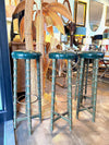 Four mid century faux bamboo bar stools with green seat pads - Spanish