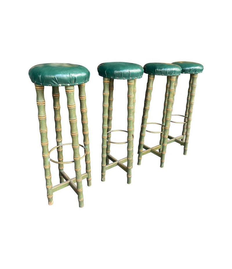 Four mid century faux bamboo bar stools with green seat pads - Spanish