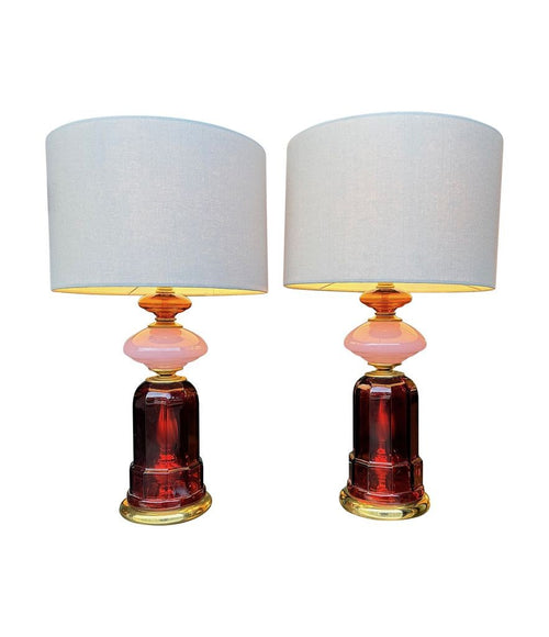 Mid Century table lamps Murano Opaline glass and brass by Cenedese 1960s