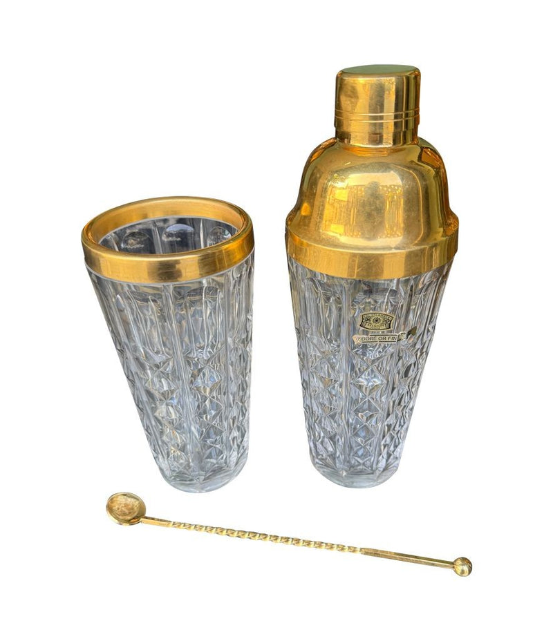 Mid century Val Saint Lambert crystal and gold cocktail shaker set with jug - 1960s