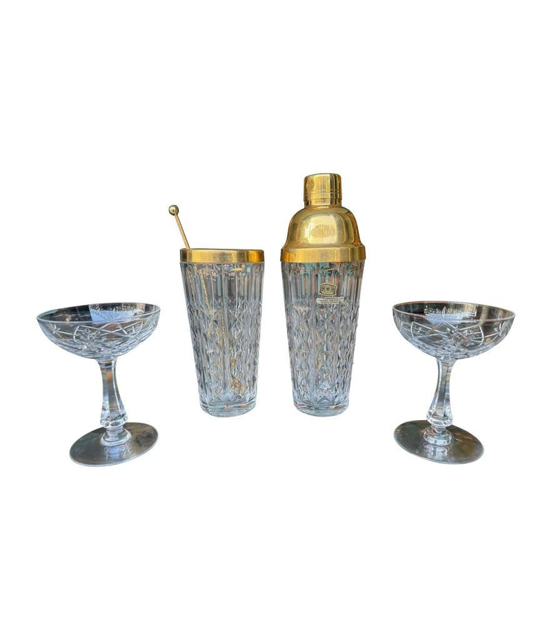 Mid century Val Saint Lambert crystal and gold cocktail shaker set with jug - 1960s