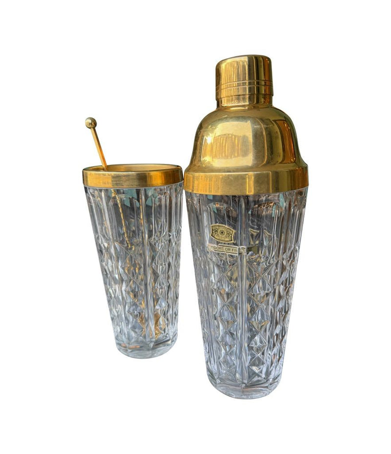 Mid century Val Saint Lambert crystal and gold cocktail shaker set with jug - 1960s