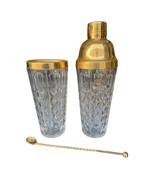 Mid century Val Saint Lambert crystal and gold cocktail shaker set with jug - 1960s