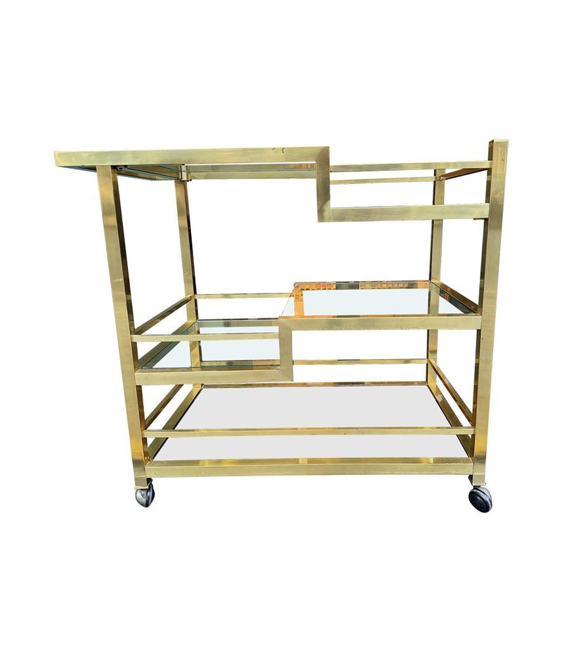 Mid century Romeo Rega Italian gilt metal bar trolley with smoked glass shelves