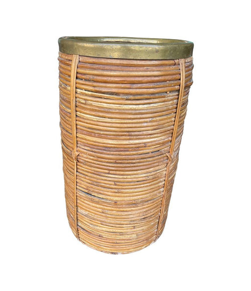 Mid century woven pencil reed bamboo and brass umbrella stand in the style of Gabriella Crespi - 1970s - Italian