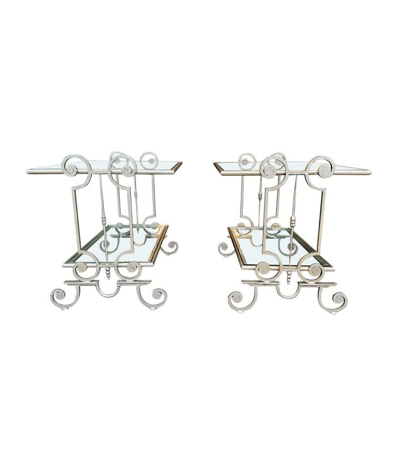 A pair of 1950s gilt wrought iron French side tables, with glass shelves