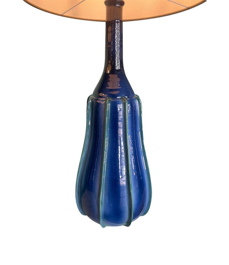 A stunning large pair of 1980s Italian blue and green ceramic lamps with bespoke linen shades