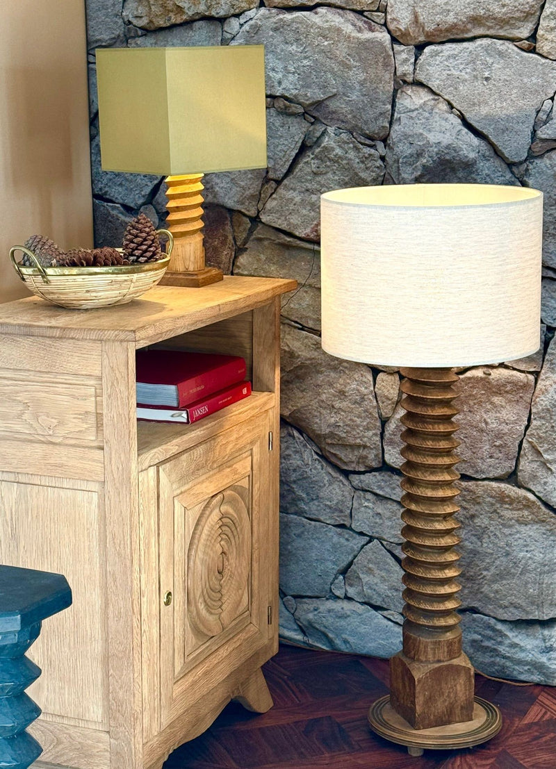 A French 1940s oak wine press corkscrew floor lamp in the style of Charles Dudouyt