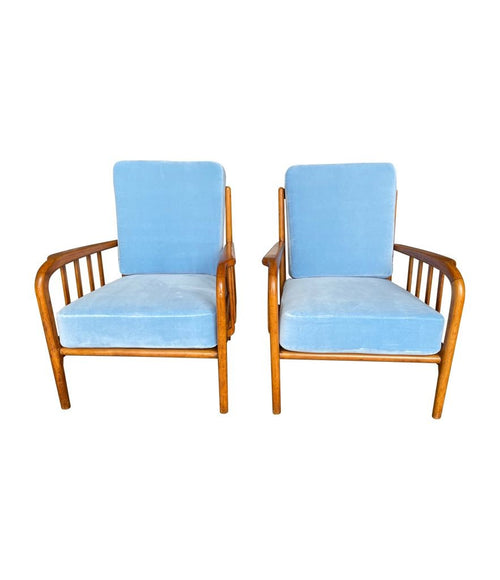 A pair of 1950s Italian armchairs attributed to Paolo Buffa, newly upholstered in Designers Guild velvet