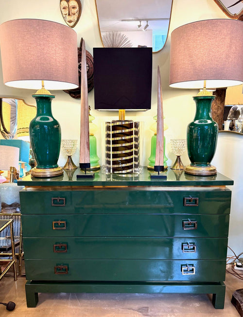 A lovely large pair of 1950s Italian crackle glaze green vase lamps with solid brass bases