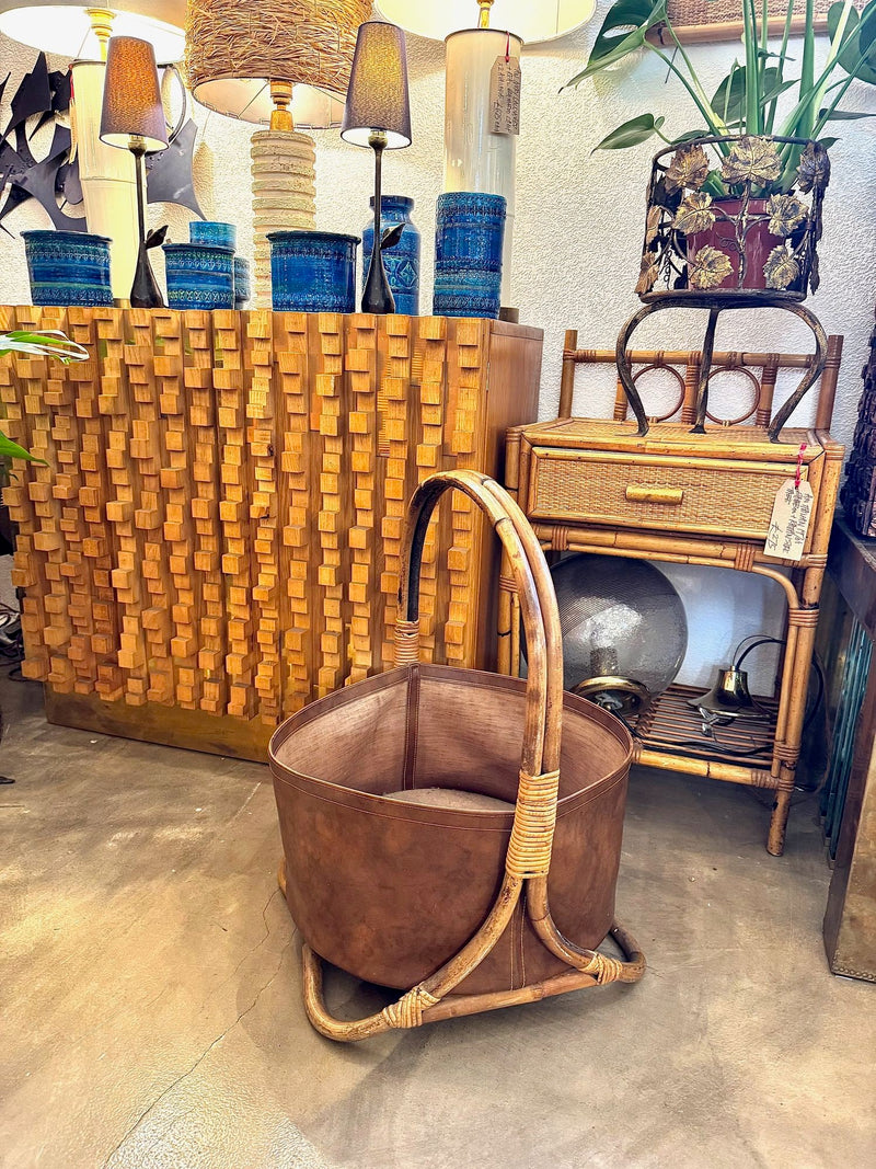 Large Italian 1960s bamboo and rattan baskets with stitched faux leather bowls