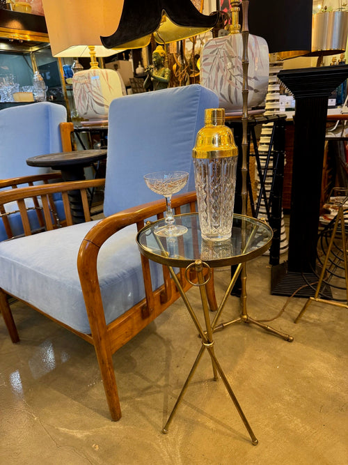 A lovely 1950s Fontana Arte style solid brass tripod martini table with thick glass top