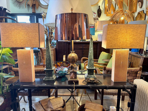 A pair of 1960s pastel pink shagreen lamps with natural linen shades