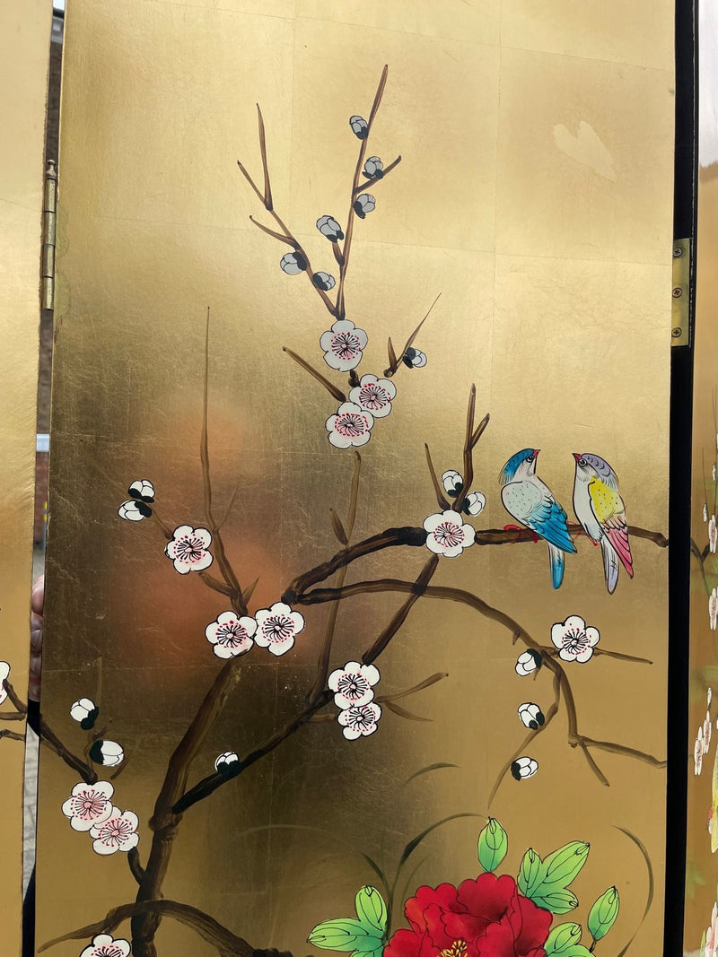 Mid Century Oriental Gold Leaf hand painted screen decorated with cranes, flowers and birds - Mid Century Furniture - Ed Butcher Antiques Shop London