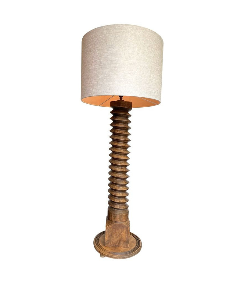 A French 1940s oak wine press corkscrew floor lamp in the style of Charles Dudouyt