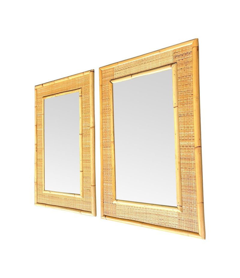 A pair of large Italian 1970s bamboo and woven rattan mirrors by Dal Vera