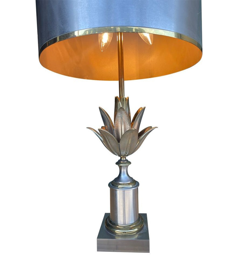 An orignal 1960s Maison Charles "Lotus" lamp in nickel, bronze and brass finish with orignal spun metal shade