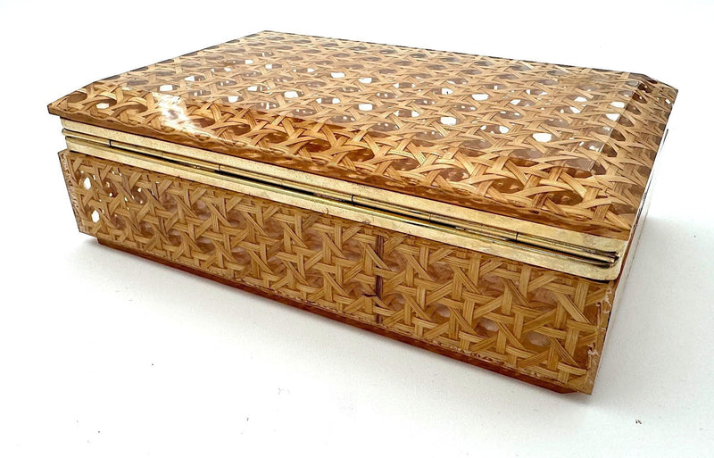 An Italian 1970s Gabriella Crespi style lucite and woven rattan gilt hinged box